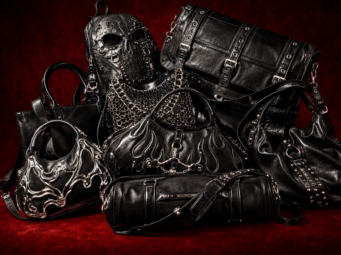AURA after-dark accessories — studded leather bags and chrome hardware